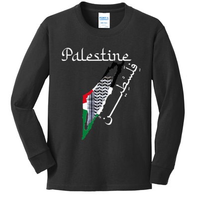 Palestine Map Keffiyeh Scarf Palestinian Flag in Arabic Kids Long Sleeve Shirt