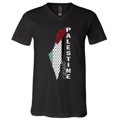 Palestinian Map Keffiyeh Thobe Patterns Palestine In Arabic V-Neck T-Shirt