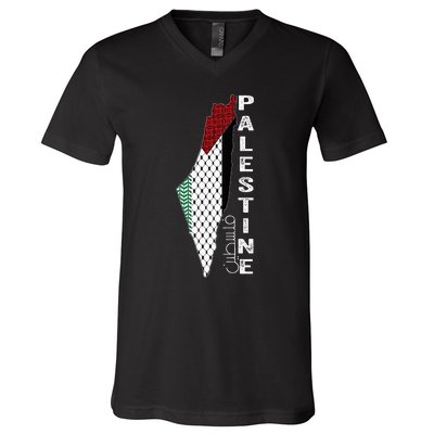 Palestinian Map Keffiyeh Thobe Patterns Palestine In Arabic V-Neck T-Shirt