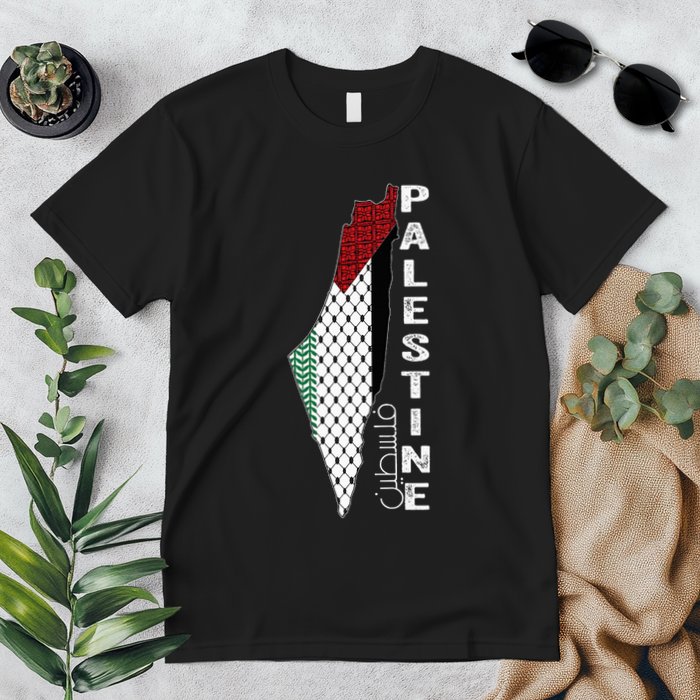 Palestinian Map Keffiyeh Thobe Patterns Palestine In Arabic Premium T-Shirt