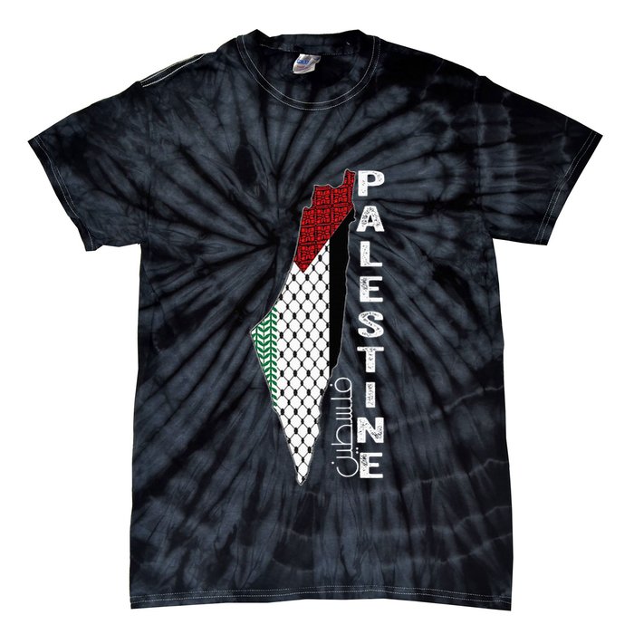 Palestinian Map Keffiyeh Thobe Patterns Palestine In Arabic Tie-Dye T-Shirt