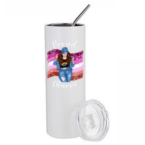 Proud Mama Lesbian Pride Lgbtq Brunette Mom Lesbian Flag Gift Stainless Steel Tumbler