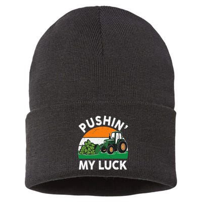Pushing My Luck Tractor Funny St Patrick Day Boy Dad Sustainable Knit Beanie