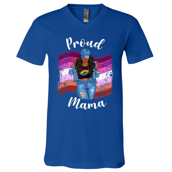 Proud Mama Lesbian Pride Lgbtq Black Mom Lesbian Flag Cute Gift V-Neck T-Shirt