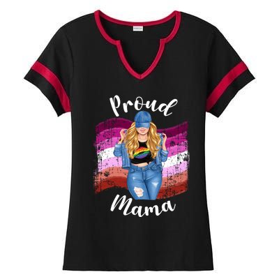 Proud Mama Lesbian Pride Lgbtq Blonde Mom Lesbian Flag Gift Ladies Halftime Notch Neck Tee