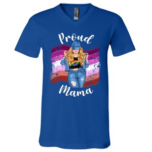 Proud Mama Lesbian Pride Lgbtq Blonde Mom Lesbian Flag Gift V-Neck T-Shirt