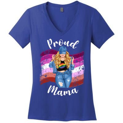 Proud Mama Lesbian Pride Lgbtq Blonde Mom Lesbian Flag Gift Women's V-Neck T-Shirt