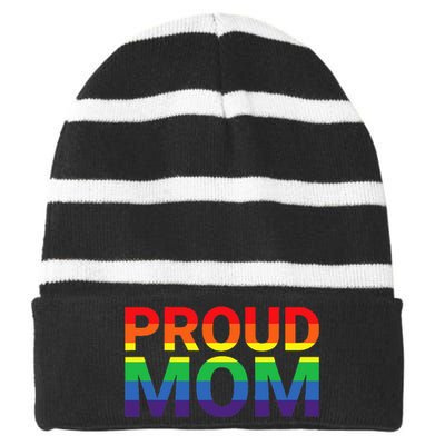 Proud Mom LGBTQ+ Lesbian Gay Support Ally Striped Beanie with Solid Band