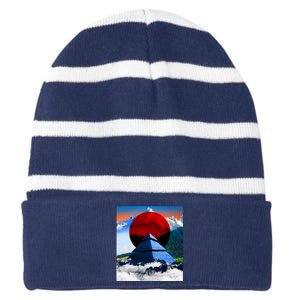 Pyramid Mountain Landscape Art Striped Beanie with Solid Band