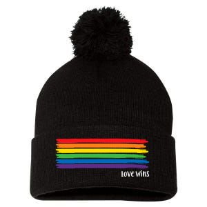 Pride Month Love Wins Rainbow Pom Pom 12in Knit Beanie