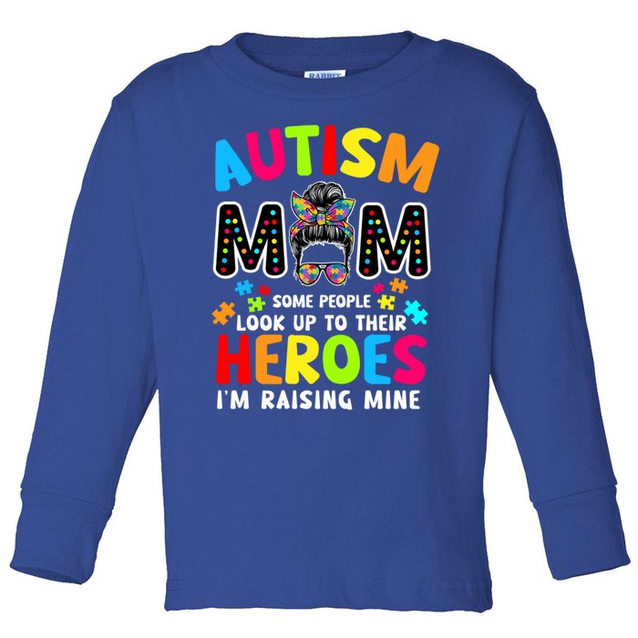 Puzzle Mommy Mama Autism Mom Raising Heroes Messy Bun Cute Gift Toddler Long Sleeve Shirt