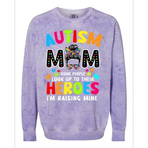 Puzzle Mommy Mama Autism Mom Raising Heroes Messy Bun Gift Colorblast Crewneck Sweatshirt