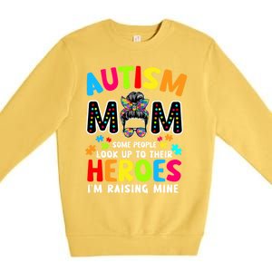 Puzzle Mommy Mama Autism Mom Raising Heroes Messy Bun Gift Premium Crewneck Sweatshirt