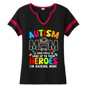 Puzzle Mommy Mama Autism Mom Raising Heroes Messy Bun Gift Ladies Halftime Notch Neck Tee