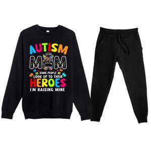 Puzzle Mommy Mama Autism Mom Raising Heroes Messy Bun Gift Premium Crewneck Sweatsuit Set