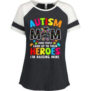 Puzzle Mommy Mama Autism Mom Raising Heroes Messy Bun Gift Enza Ladies Jersey Colorblock Tee