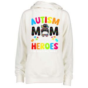 Puzzle Mommy Mama Autism Mom Raising Heroes Messy Bun Gift Womens Funnel Neck Pullover Hood