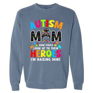 Puzzle Mommy Mama Autism Mom Raising Heroes Messy Bun Gift Garment-Dyed Sweatshirt