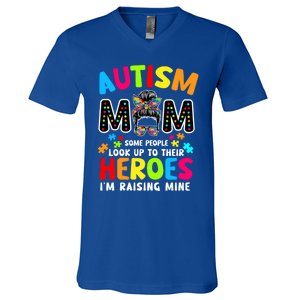 Puzzle Mommy Mama Autism Mom Raising Heroes Messy Bun Gift V-Neck T-Shirt