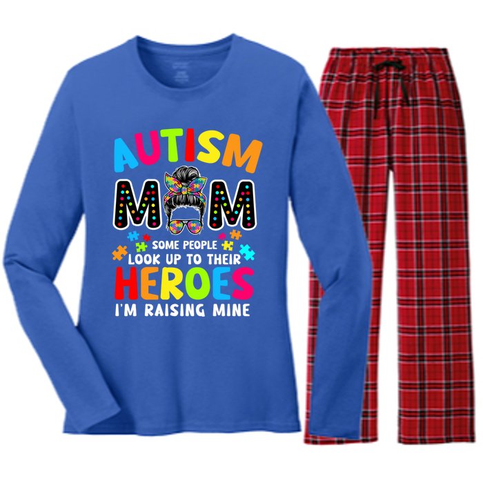 Puzzle Mommy Mama Autism Mom Raising Heroes Messy Bun Gift Women's Long Sleeve Flannel Pajama Set 