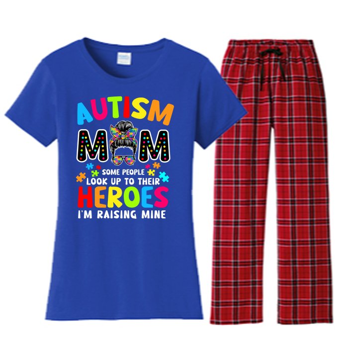 Puzzle Mommy Mama Autism Mom Raising Heroes Messy Bun Gift Women's Flannel Pajama Set