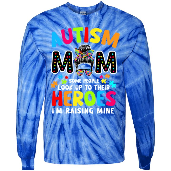 Puzzle Mommy Mama Autism Mom Raising Heroes Messy Bun Gift Tie-Dye Long Sleeve Shirt