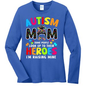 Puzzle Mommy Mama Autism Mom Raising Heroes Messy Bun Gift Ladies Long Sleeve Shirt