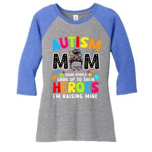 Puzzle Mommy Mama Autism Mom Raising Heroes Messy Bun Gift Women's Tri-Blend 3/4-Sleeve Raglan Shirt