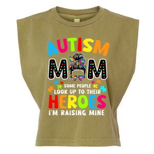 Puzzle Mommy Mama Autism Mom Raising Heroes Messy Bun Gift Garment-Dyed Women's Muscle Tee