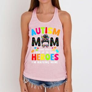 Puzzle Mommy Mama Autism Mom Raising Heroes Messy Bun Gift Women's Knotted Racerback Tank