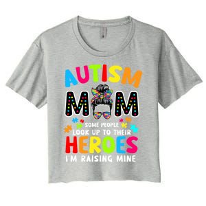 Puzzle Mommy Mama Autism Mom Raising Heroes Messy Bun Gift Women's Crop Top Tee