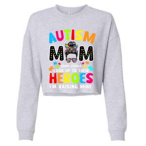 Puzzle Mommy Mama Autism Mom Raising Heroes Messy Bun Gift Cropped Pullover Crew