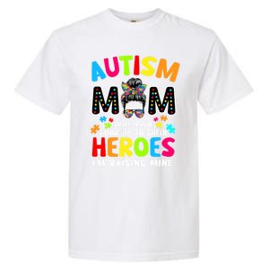 Puzzle Mommy Mama Autism Mom Raising Heroes Messy Bun Gift Garment-Dyed Heavyweight T-Shirt