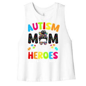 Puzzle Mommy Mama Autism Mom Raising Heroes Messy Bun Gift Women's Racerback Cropped Tank