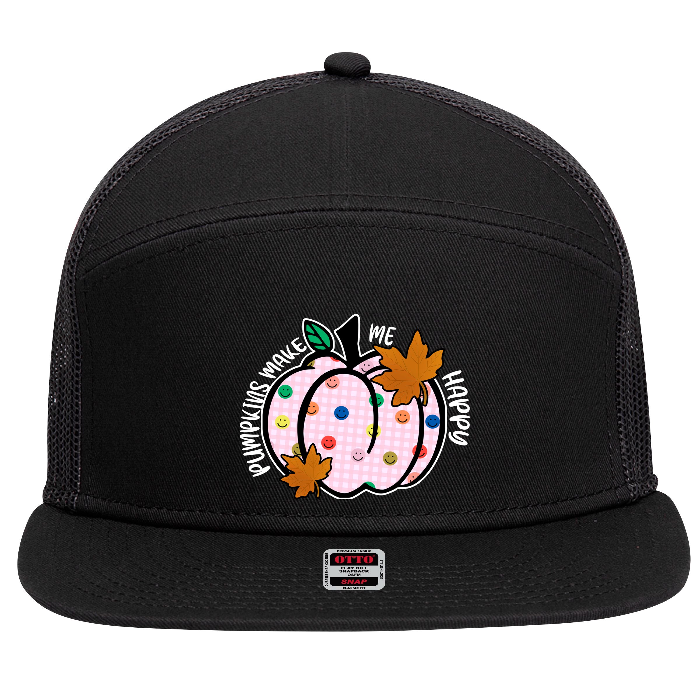 Pumpkins Make Me Happy Cute Fall Autumn 7 Panel Mesh Trucker Snapback Hat