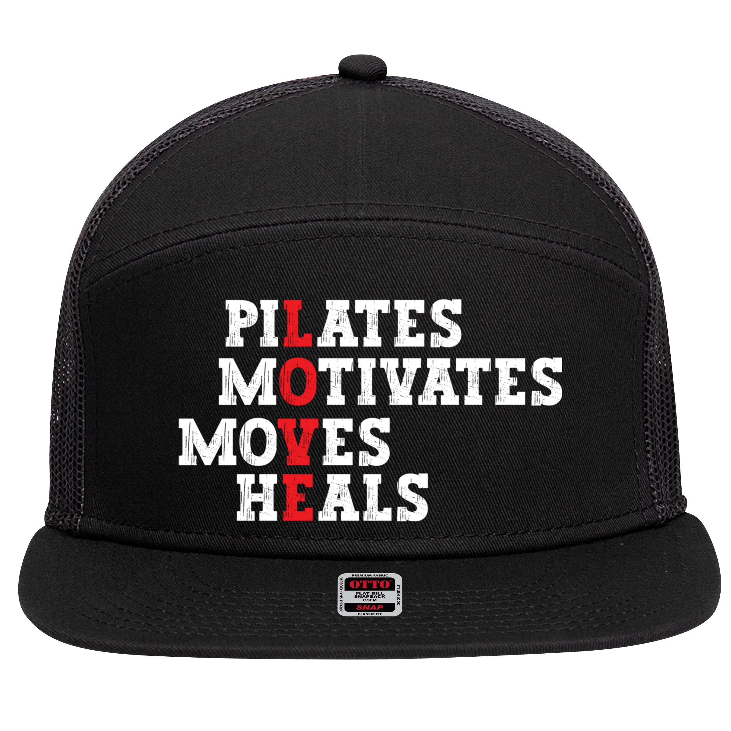 Pilates Motivates Moves Heals Love Exercise Workout Fitness Cool Gift 7 Panel Mesh Trucker Snapback Hat