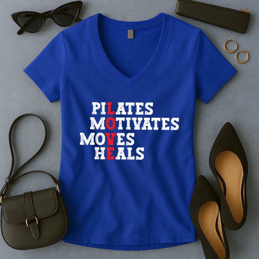 Pilates Motivates Moves Heals Love Exercise Workout Fitness Cool Gift Women's V-Neck T-Shirt