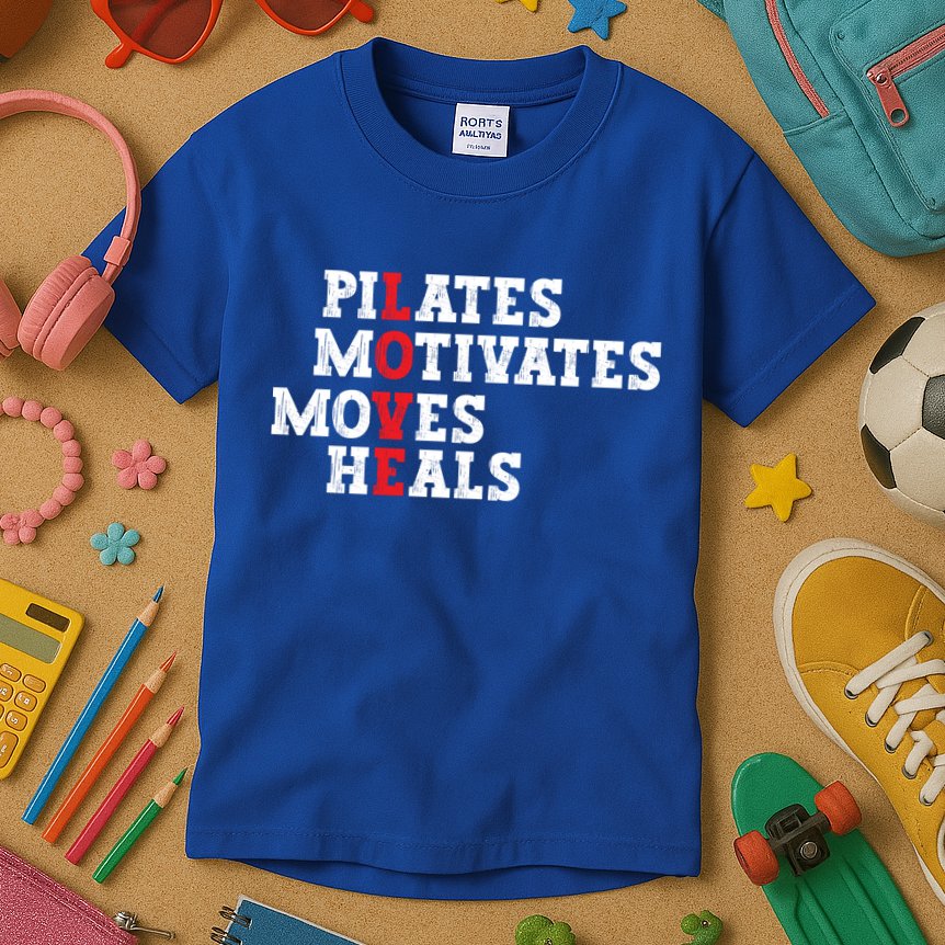 Pilates Motivates Moves Heals Love Exercise Workout Fitness Cool Gift Kids T-Shirt