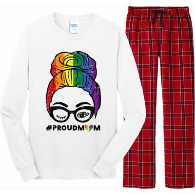 Proud Mom Messy Hair Bun Rainbow Flag Long Sleeve Pajama Set