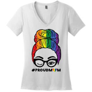 Proud Mom Messy Hair Bun Rainbow Flag Women's V-Neck T-Shirt