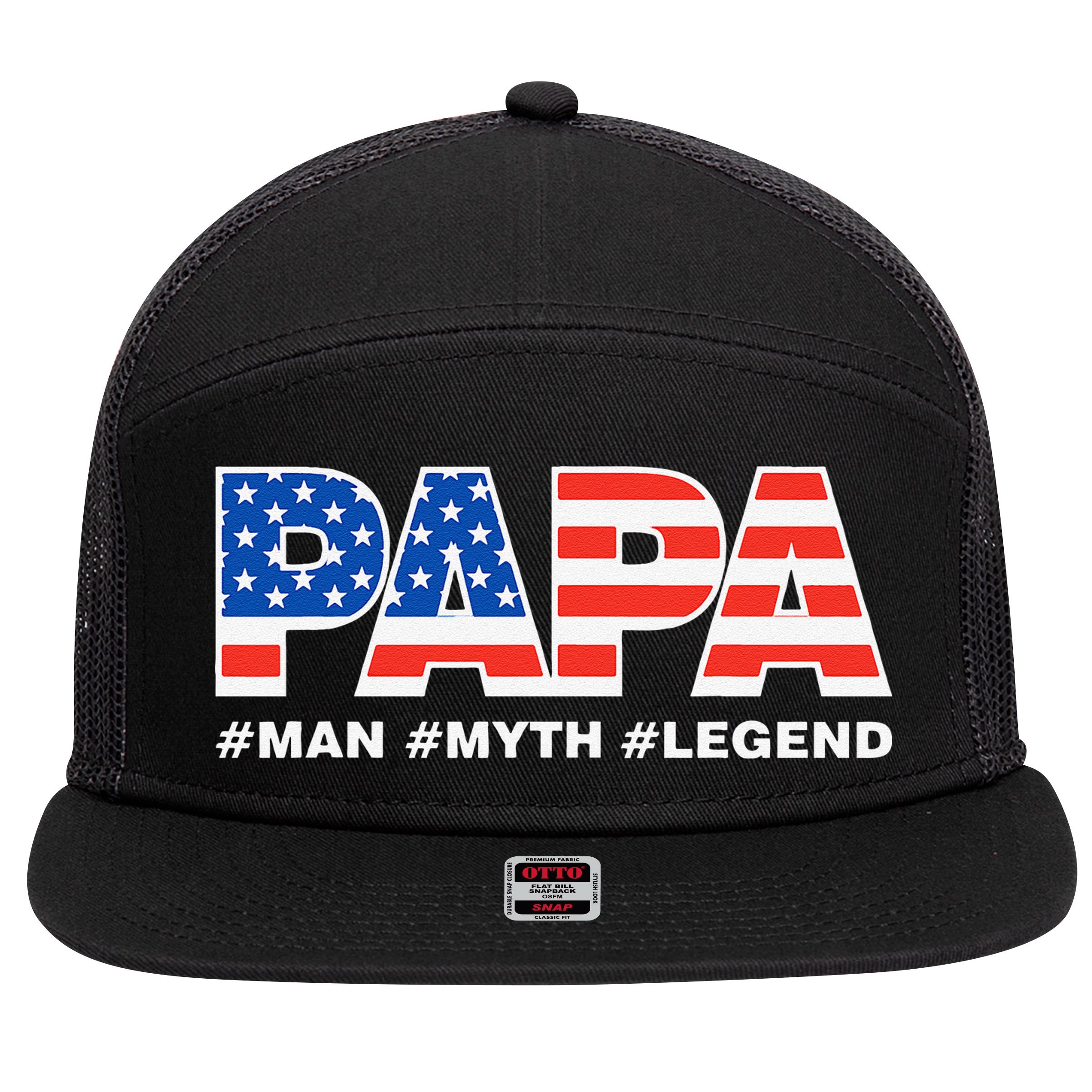 PAPA MAN MYTH LEGEND Dad Father Funny Fathers Day 7 Panel Mesh Trucker Snapback Hat