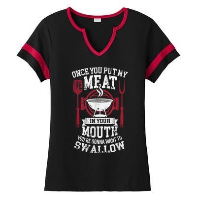 Put My Meat In Your Mouth Funny Sarcastic BBQ Ladies Halftime Notch Neck Tee