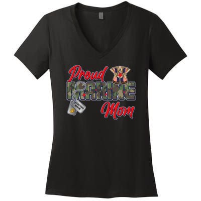 Proud Marine Mom Personalize Dog Tags Women's V-Neck T-Shirt