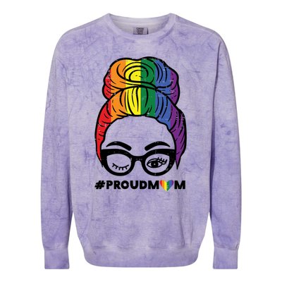 Proud Mom Messy Hair Bun Lgbtq Rainbow Flag Pride Ally Great Gift Colorblast Crewneck Sweatshirt