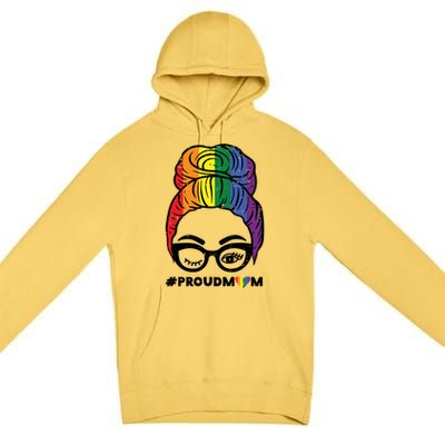 Proud Mom Messy Hair Bun Lgbtq Rainbow Flag Pride Ally Great Gift Premium Pullover Hoodie