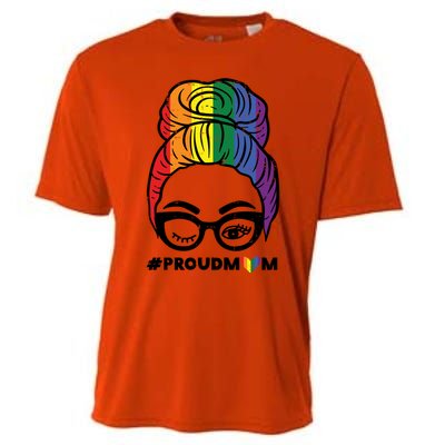 Proud Mom Messy Hair Bun Lgbtq Rainbow Flag Pride Ally Great Gift Cooling Performance Crew T-Shirt