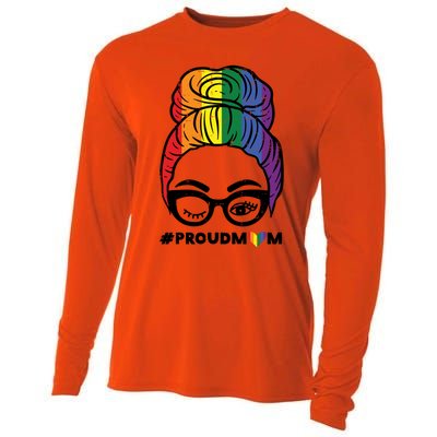 Proud Mom Messy Hair Bun Lgbtq Rainbow Flag Pride Ally Great Gift Cooling Performance Long Sleeve Crew