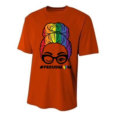 Proud Mom Messy Hair Bun Lgbtq Rainbow Flag Pride Ally Great Gift Performance Sprint T-Shirt