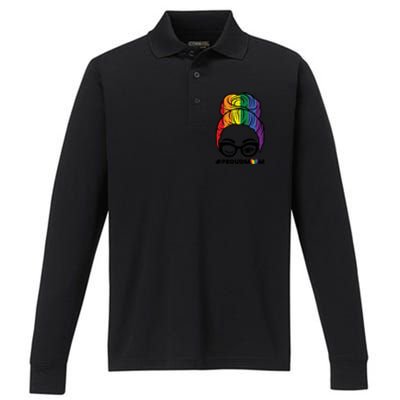 Proud Mom Messy Hair Bun Lgbtq Rainbow Flag Pride Ally Great Gift Performance Long Sleeve Polo