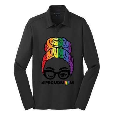 Proud Mom Messy Hair Bun Lgbtq Rainbow Flag Pride Ally Great Gift Silk Touch Performance Long Sleeve Polo